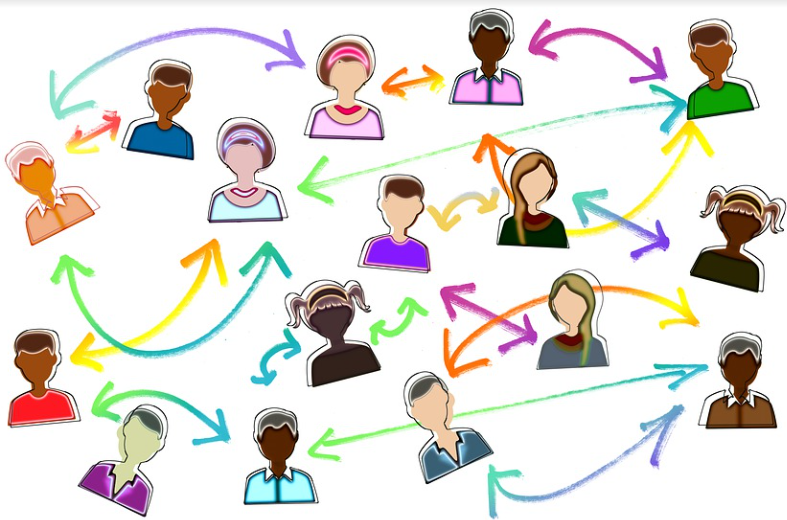 Image of cartoon people networking, indicated by coloured arrows connecting people.